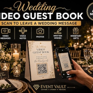 May include: A black and white table sign titled Wedding Video Guest Book with a QR code, featuring gold floral accents and text that reads Scan to leave a message for the newlyweds. The sign includes icons for video, voice, photos, and gifts.
