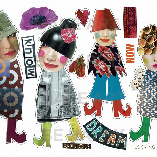 Collage sheet, journal sheet, quirky characters, mixed media dolls nr D44