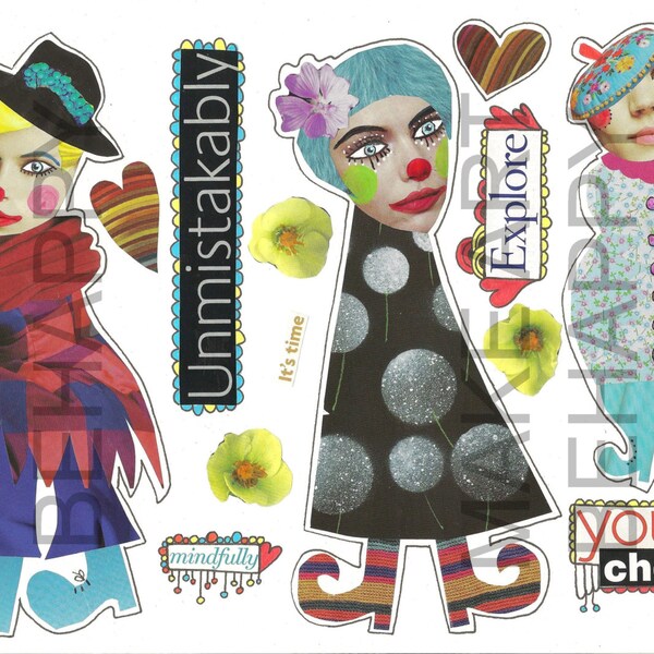 Collage sheet, journal sheet, quirky characters, mixed media dolls nr D03