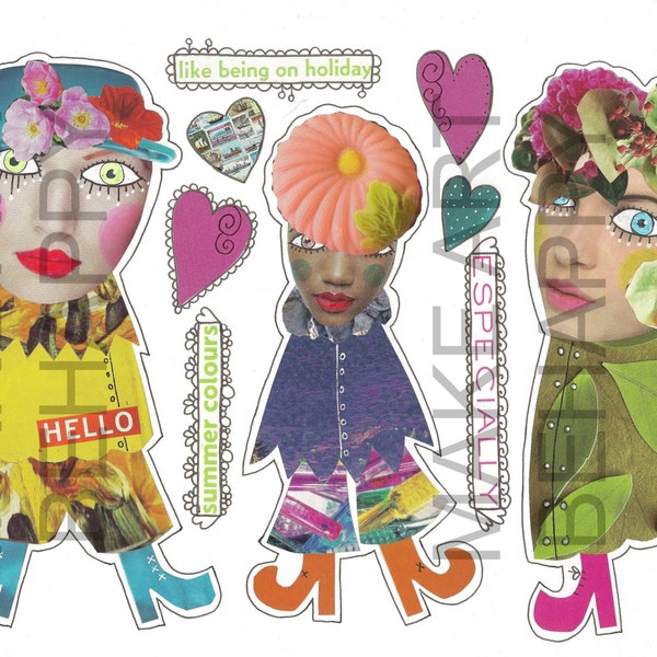 Collage sheet, journal sheet, quirky characters, mixed media dolls nr D05