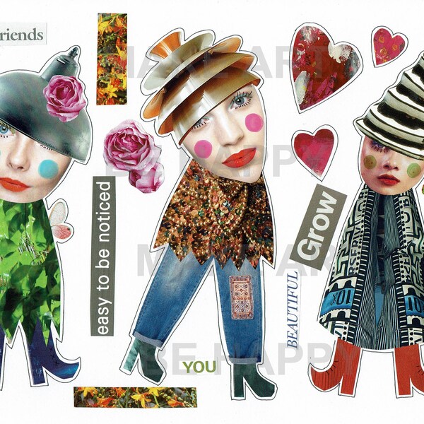 Collage sheet, journal sheet, quirky characters, mixed media dolls nr D45
