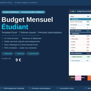May include: A digital student monthly budget Excel template featuring a clean interface with columns for months and rows for income and expenses. The layout includes automated formulas, savings rate calculations, and a summary table for tracking financial data.