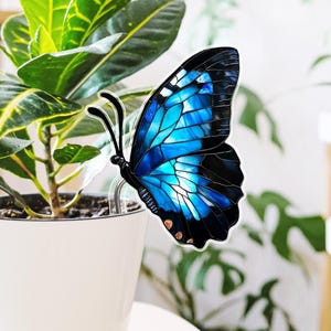 Real Stained Glass Blue Monarch Butterfly – Suncatcher Plant Pot Decoration, Window Art
