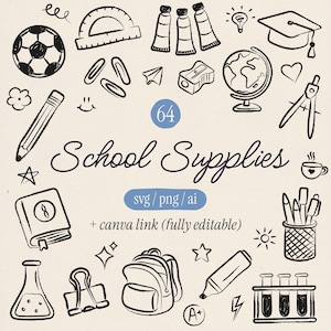 Peut inclure: Une collection de 64 icônes de fournitures scolaires dessinées à la main en noir et blanc, incluant un ballon, un rapporteur, des tubes de peinture, une toque, un globe, un crayon, un sac à dos et des éprouvettes. Texte : 64 School Supplies.