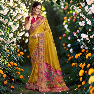 Yellow Rangkat Woven Saree | Mustard Embroidered Border, Festive Indian Wear