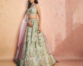 Sage Green Chiffon Lehenga Choli | Pink Embroidered Dupatta, Indian Bridal Wear