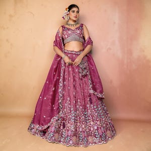 Dusty Rose Tissue Lehenga Choli Set | Sequins, Coding, Thread Embroidery Dupatta