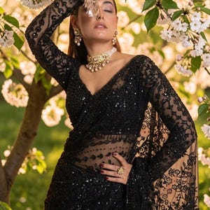 Black Butterfly Net Saree, Heavy Sequin Embroidery, Designer Party Wear, Wedding Reception, Embroidered Blouse
