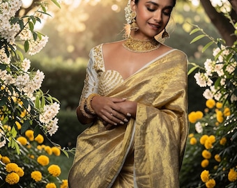 May include: A gold and white saree featuring a metallic gold fabric with a subtle geometric pattern, paired with a white blouse adorned with intricate gold embroidery, gold drop earrings, and a matching gold choker necklace.
