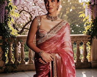Strawberry Pink Soft Tissue Silk Saree | Banarasi Woven Wedding Party Wear (Unstitched Blouse)