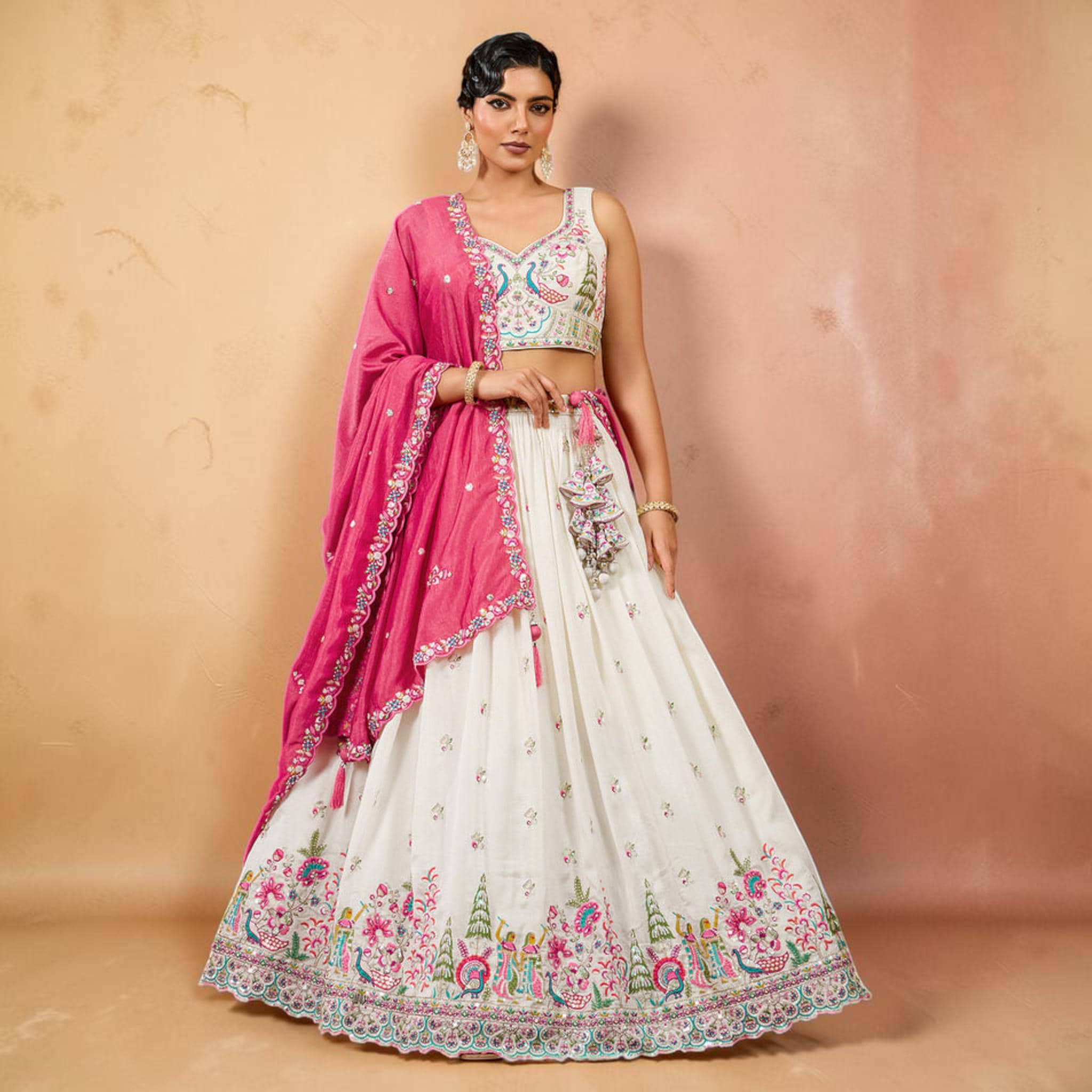 Ivory Silk Lehenga Choli Set with Pink Dupatta Embroidered Bridal Wedding Reception Outfit