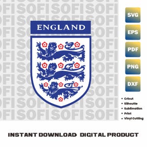 Könnte beinhalten: Eine digitale Grafik des englischen Nationalwappens mit drei blauen Löwen auf einem weißen Schild mit roten Rosen, gekrönt von einem blauen Banner mit dem Text ENGLAND. Rechts befinden sich fünf quadratische Symbole mit SVG, EPS, PDF, PNG und DXF.