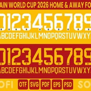 May include: A digital font set titled SPAIN WORLD CUP 2026 HOME & AWAY FONT. It displays white numbers 0-9 and letters A-Z on a yellow background, and yellow numbers 0-9 and letters A-Z on a red background. Includes OTF, SVG, PDF, EPS, and PSD file formats.