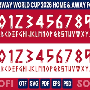 May include: A digital font set titled NORWAY WORLD CUP 2026 HOME & AWAY FONT, featuring white and red alphanumeric characters from 0-9 and A-Z. The design includes a small shield icon on each number. File formats include OTF, SVG, PDF, EPS, and PSD.