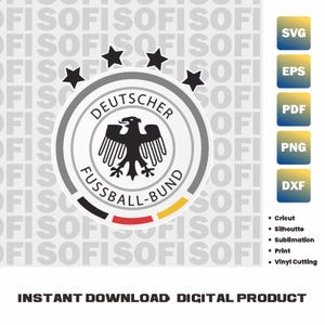 Op de afbeelding: Een digitale afbeelding van het logo van de Deutscher Fussball-Bund met een zwarte adelaar in een cirkelvormig kader. Het embleem bevat vier zwarte sterren boven de cirkel en een zwarte, rode en gele boog aan de onderkant. De bestandsformaten SVG, EPS, PDF, PNG en DXF staan aan de rechterkant vermeld.