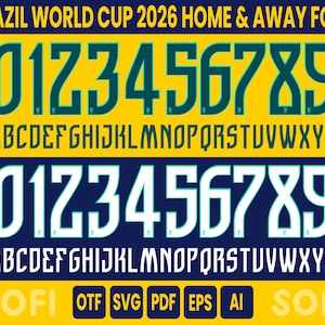 Puede incluir: Un conjunto de fuentes digitales titulado BRAZIL WORLD CUP 2026 HOME & AWAY FONT. Muestra dos juegos de números 0-9 y letras A-Z en una tipografía estilizada. El conjunto superior es verde oscuro sobre amarillo, y el inferior es blanco sobre azul oscuro. Formatos: OTF, SVG, PDF, EPS, AI.