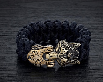 Pulsera de paracord con lobo vikingo, cierre de bronce Fenrir nórdico, joyería trenzada de supervivencia.