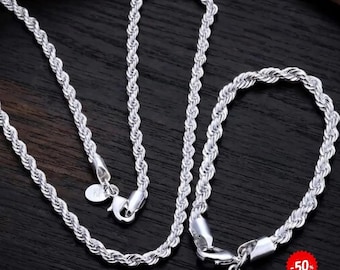 Conjunto de collar y pulsera de cadena de cuerda de plata de ley 925 de 4 mm, joyería unisex trenzada.