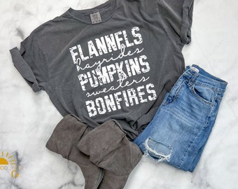 Retro Fall Comfort Colors Shirt, Flannels Pumpkins Bonfires Tee, Cute Fall Outfit, Pumpkin Patch Tshirt, Cute Fall Tshirt