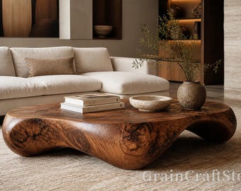 Handcrafted Organic Wood Coffee Table, Sculptural Solid Wood