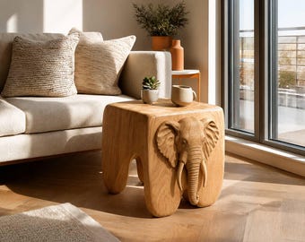 Mesita auxiliar de elefante de madera maciza hecha a mano – Mesa auxiliar de madera tallada – Mesa de centro de elefante – Decoración rústica para sala de estar
