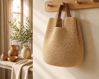 Grand sac cabas en paille tressée, sac bandoulière de plage bohème