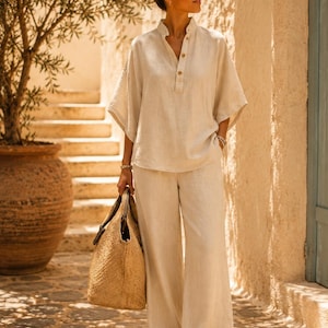 Completo due pezzi in lino e cotone da donna, completo oversize coordinato, pantaloni a gamba larga, abbigliamento casual estivo per il relax in casa.