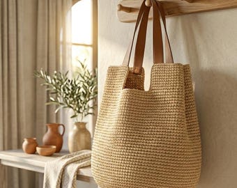 Borsa tote grande in paglia intrecciata, con manici in pelle, borsa a tracolla boho da spiaggia