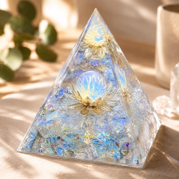 Opal Orgonite Pyramid | Lotus Crystal Orgone | Sacred Geometry Gift | EMF Protection Decor