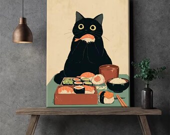Anime Cute Black Cat Eating Sushi Poster, Japanese Animation Posters Wall Art Canvas Print Bedroom Living Room Decor | Unique Gift Idea