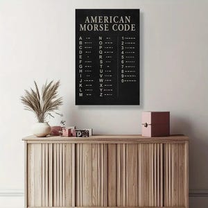 May include: A rectangular black wall art print featuring the white text AMERICAN MORSE CODE at the top, followed by a comprehensive list of letters A through Z and numbers 0 through 9, each paired with its corresponding Morse code dot and dash sequence.