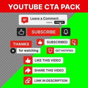 May include: A digital graphic pack featuring YouTube call-to-action buttons with red, white, and black elements. Text includes Leave a Comment, SUBSCRIBE, THANKS for watching, SUBSCRIBED, GET NOTIFIED, LIKE THIS VIDEO, SHARE THIS VIDEO, and LINK IN DESCRIPTION.
