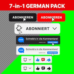 Niemiecki pakiet animacji YouTube, zielony ekran przycisku subskrypcji Abonnieren, nakładka Schreib's in die Komentarze, zlokalizowane zasoby do edycji wideo