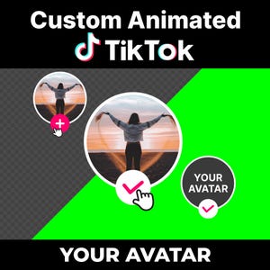 Op de afbeelding: Een digitale afbeelding voor een aangepaste geanimeerde TikTok-avatar met de tekst Custom Animated TikTok en Your Avatar. Het ontwerp bevat drie cirkelvormige kaders, één met een plusteken, één met een vinkje en één met het label Your Avatar.