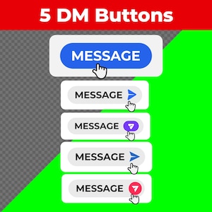 Könnte beinhalten: Eine digitale Grafik mit 5 DM Buttons und dem Text 5 DM Buttons am oberen Rand. Es werden fünf rechteckige Schaltflächen angezeigt, die jeweils das Wort MESSAGE in schwarzer oder weißer Schrift sowie verschiedene Cursor-Symbole enthalten.