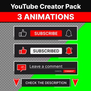 Może przedstawiać: YouTube Creator Pack zawierający 3 animacje na czarnych prostokątnych paskach. Elementy obejmują czerwony przycisk Subscribe, przycisk Subscribed, pole komentarza z tekstem Leave a comment oraz czarny pasek z tekstem Check the description.