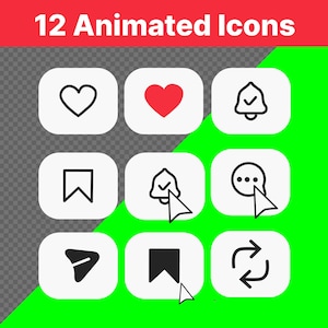 Könnte beinhalten: Eine digitale Grafik mit 12 Animated Icons und dem Text 12 Animated Icons am oberen Rand. Das Raster zeigt verschiedene Social-Media-Symbole wie Herzen, Glocken, Lesezeichen, Sprechblasen und Pfeile, teilweise mit Cursor-Zeigern.