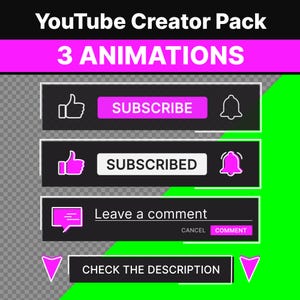 Może przedstawiać: Pakiet dla twórców YouTube zawierający trzy animacje na czarnym tle z białymi obrysami i różowymi akcentami. Tekst obejmuje YouTube Creator Pack, 3 ANIMATIONS, SUBSCRIBE, SUBSCRIBED, Leave a comment, CANCEL, COMMENT oraz CHECK THE DESCRIPTION.