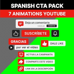 Może przedstawiać: Cyfrowy pakiet graficzny zawierający siedem animacji wezwania do działania na YouTube w języku hiszpańskim. Tekst zawiera SPANISH CTA PACK, 7 ANIMATIONS YOUTUBE, Deja un comentario, SUSCRÍBETE, GRACIAS, por ver el video, DALE LIKE, ACTIVA LA CAMPANITA.
