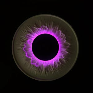Op de afbeelding: Een cirkelvormig wandmedaillon met een centrale zwarte schijf omringd door een levendige, gloeiende paarse ring die overgaat in een getextureerde, lichtgekleurde buitenrand met ingewikkelde, organische, bloembladachtige radiale patronen.