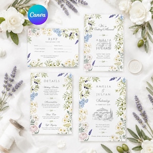 Garden Floral Personalised Wedding Invitation Set, YOUR IMAGE Transformed to Hand Drawn tyle, Botanical Canva Template (Digital Download)