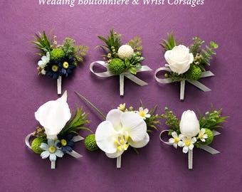 White Green Artificial Silk Boutonniere, Groomsmen Boutonniere Holder Gold Set, Forest Beach Outdoor Wedding Accessory for Men