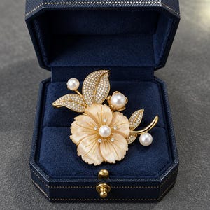 May include: A gold-toned brooch featuring a carved pale peach flower at the center, accented with white pearls and small clear stones. The brooch includes gold leaves encrusted with tiny clear stones, all displayed inside a dark blue jewelry box.
