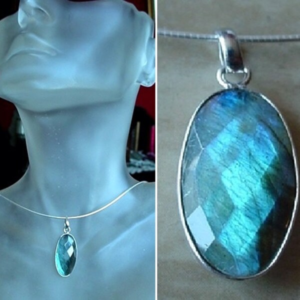 Blue Labradorite Sterling Silver Removable Delicate Pendant c/w Sterling Silver Chain - 18"lg (46cm)