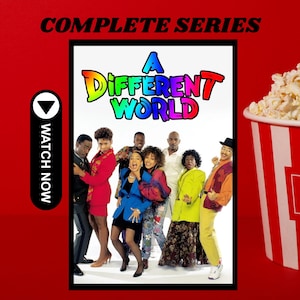 May include: A promotional poster for the television series A Different World featuring a cast of seven people in colorful 1980s attire. The title is written in a multi-colored gradient font above the group. A black button with the text WATCH NOW is visible.