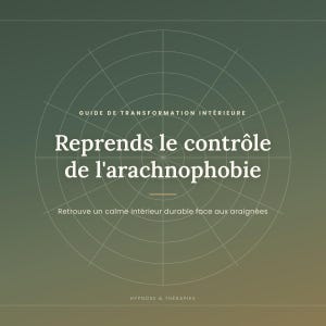 Peut inclure: Un guide numérique intitulé Guide de transformation intérieure, Reprends le contrôle de l'arachnophobie, Retrouve un calme intérieur durable face aux araignées, et Hypnose & Thérapies, sur un fond dégradé vert avec un graphique de toile.