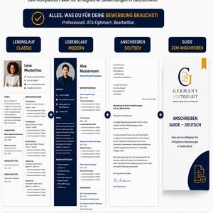 Könnte beinhalten: Ein digitales Bewerbungspaket mit Vorlagen für Lebenslauf Classic, Lebenslauf Modern, Anschreiben und einen Guide. Das Dokument enthält deutschen Text, das Branding von Germany Jobtoolkit sowie Symbole für ATS-Optimierung, Bearbeitbarkeit und Sofort-Download.