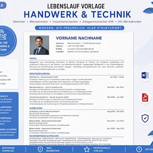 May include: A CV template for technical trades featuring a blue and white layout with sections for profile, work experience, education, and skills. The document includes a placeholder photo, contact details, and icons for Word, PDF, and ATS compatibility.