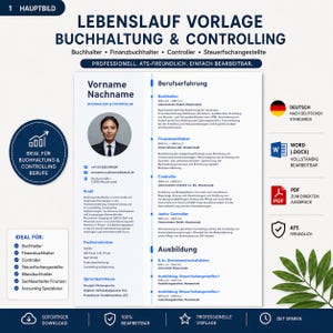 May include: A resume template for accounting and controlling roles featuring a two-column layout with a profile photo placeholder, contact information, professional experience, education, and skills sections in German text on a white background.