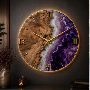 Luxury Purple Epoxy Resin & Natural Wood Wall Clock – Handmade River Design Clock with Gold Roman Numerals and LED Backlight Decor